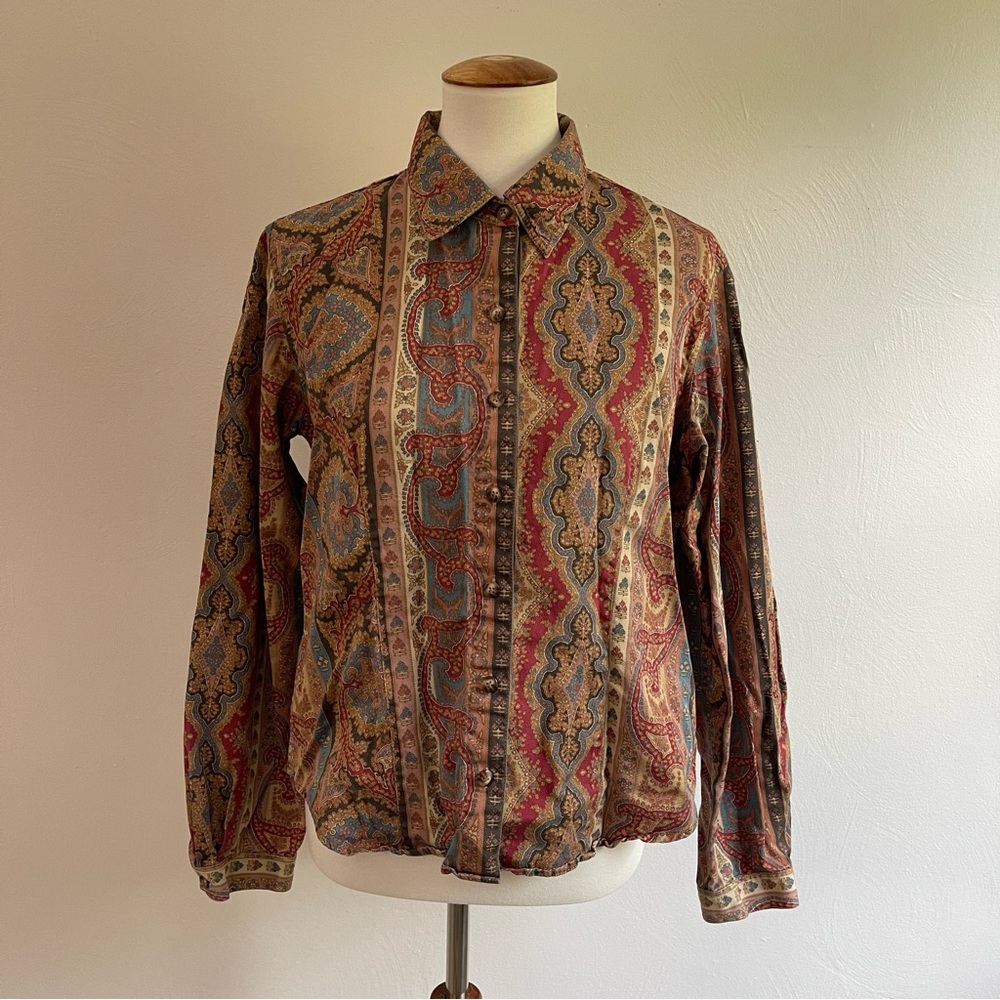 Vintage Button Up Long Sleeve Pattern Blouse